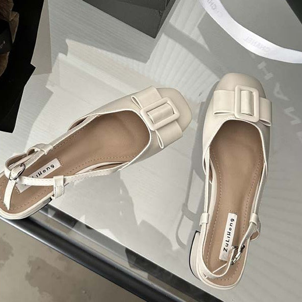 New Thick Heel After Empty Sandals Female Fairy Wind Fashion Bow Square Head Women's Single Shoes