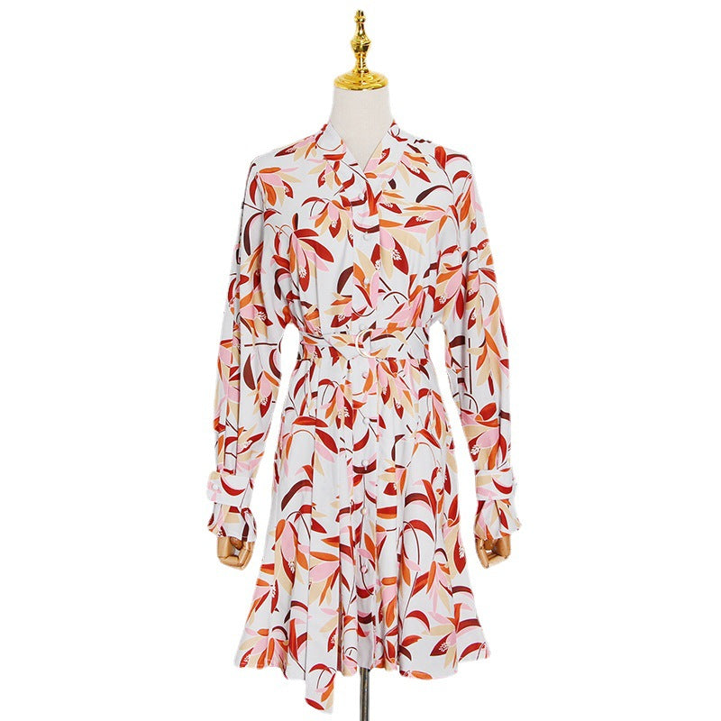 Garden Print Spring Button-Down Front Long-Sleeved Short Waistline V-Neck Dress