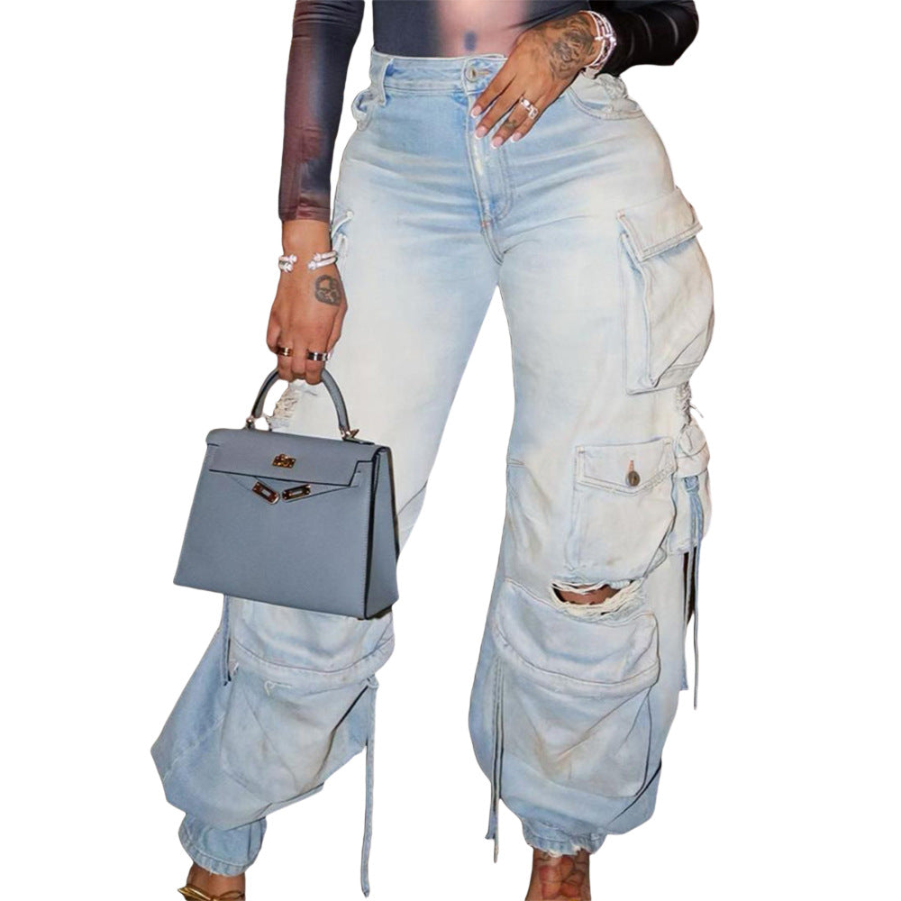 New Denim Three-Dimensional Multi-Bag Pants Multi-Bag Pants Retro Casual Multi-Bag Pants