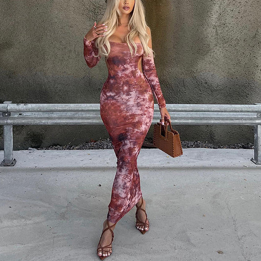 Private Dress Stretch Milk Silk Breast Long Dress Printed Backless Tight Bag Buttock Large Size Skirt