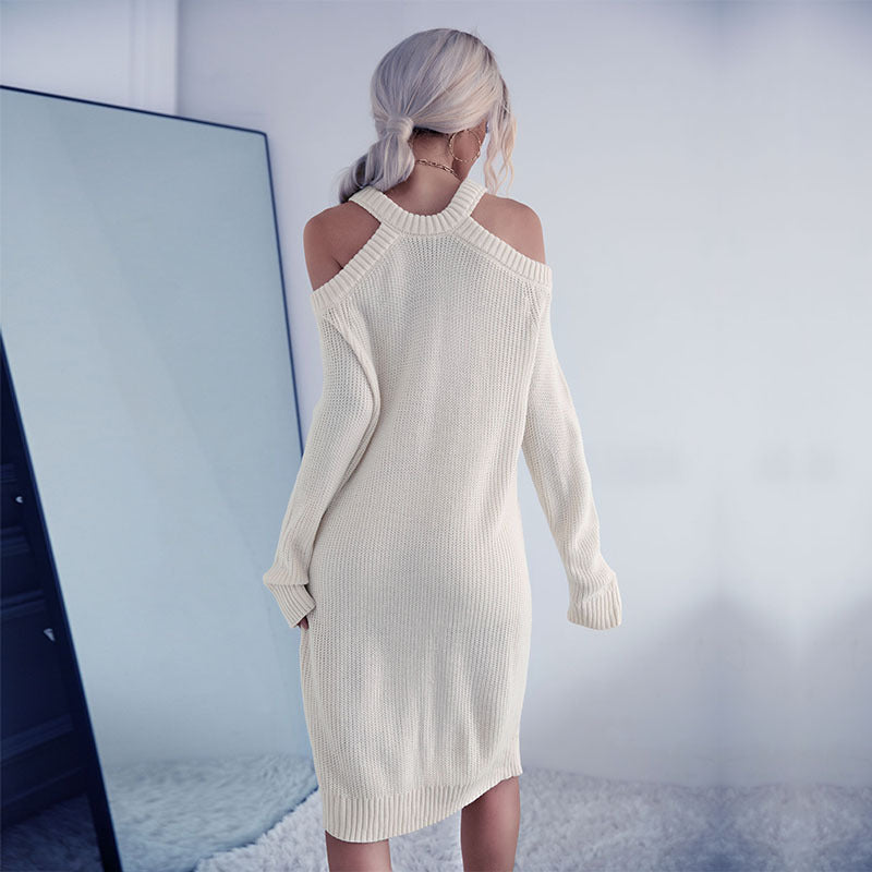Clothing New ern Style Solid Color Line Neck Open-Shoulder Hollow-Neck Sweater Dress