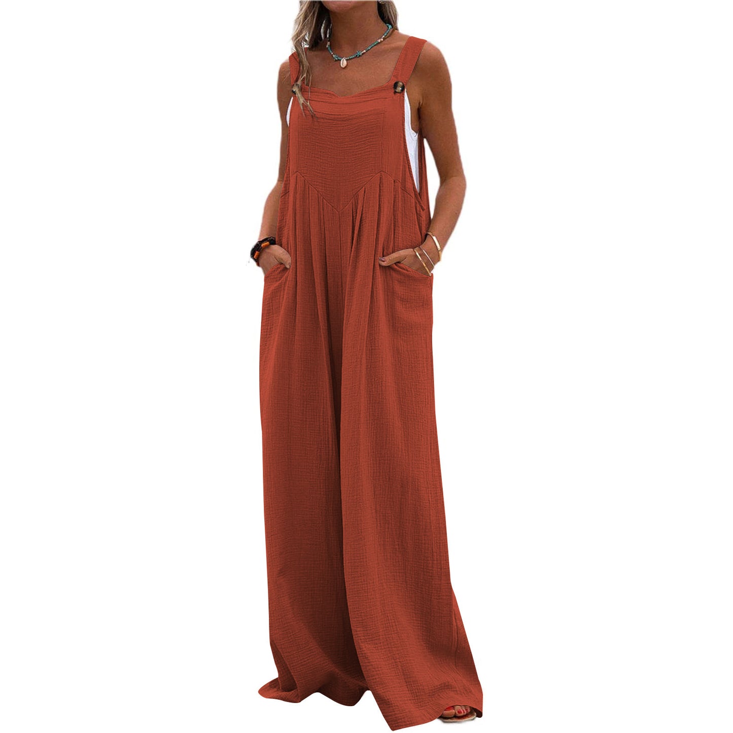 Casual Summer Romper With Loose Straps Pocket Cotton Hemp Breathable Wide Leg Pants Home Commuter Pants