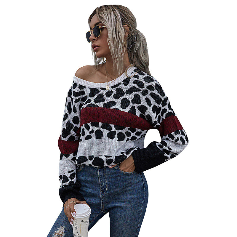Autumn Loose Leopard Print Knit Crewneck Sweater for Women