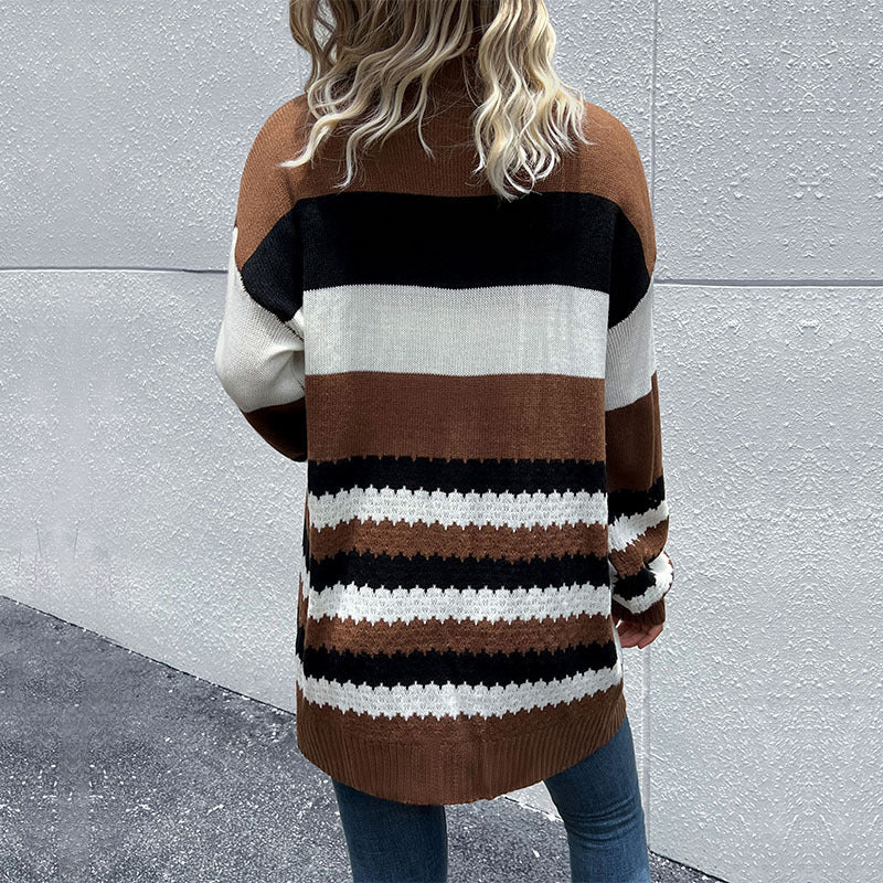 New Autumn And Winter Casual Fashion Coat Color Long-Sleeved Sweater Cardigan Woman