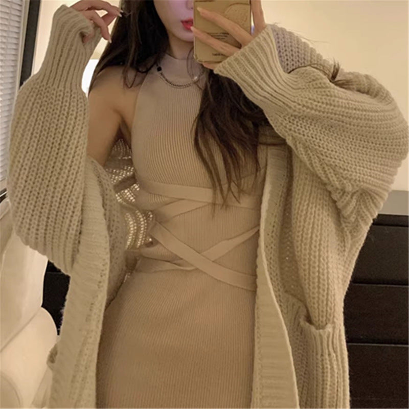Chic & Cozy: Fall/Winter Pure Lazy Style Knit Skirt + Sweater Coat Set for Fashion-Savvy Women
