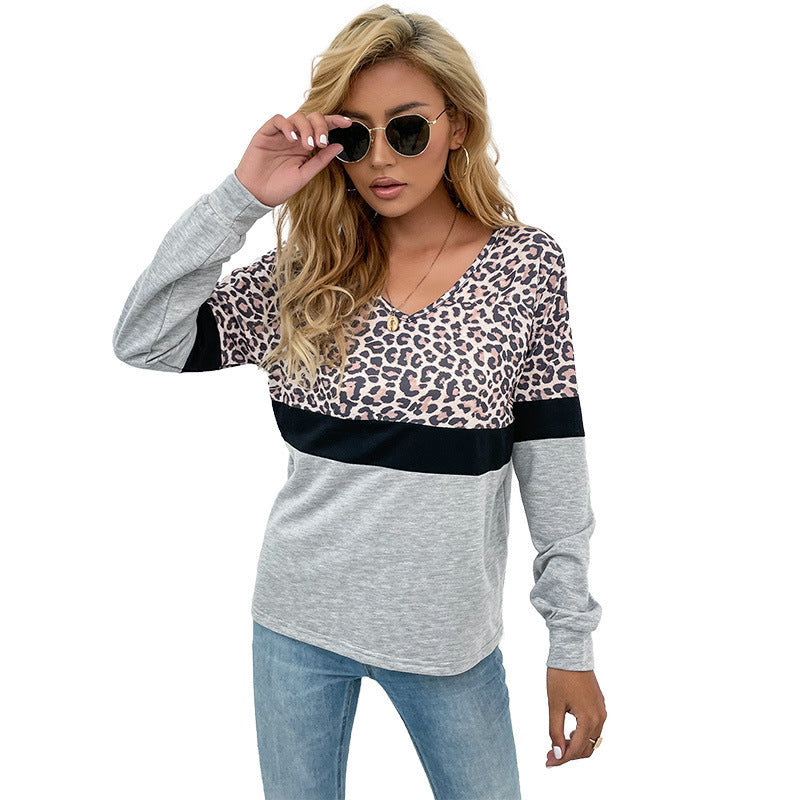Early Autumn Casual Women's Leopard-Print Splicing Long-Sleeved Bottom Shirt For Women