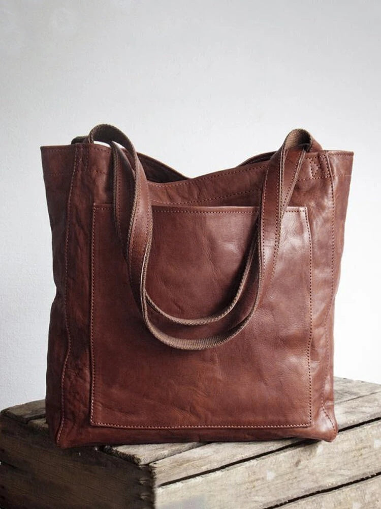 Women's Soft Leather Hand Bill With Pocket Shoulder Vintage Oil Wax Leather Large Capacity New Tote Bag For