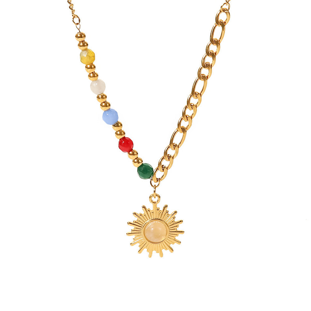 5pcs New Titanium Steel Pendant Necklace 18K Gold Natural Stone Cat's Eye Sun Pendant Colored Stone Necklace