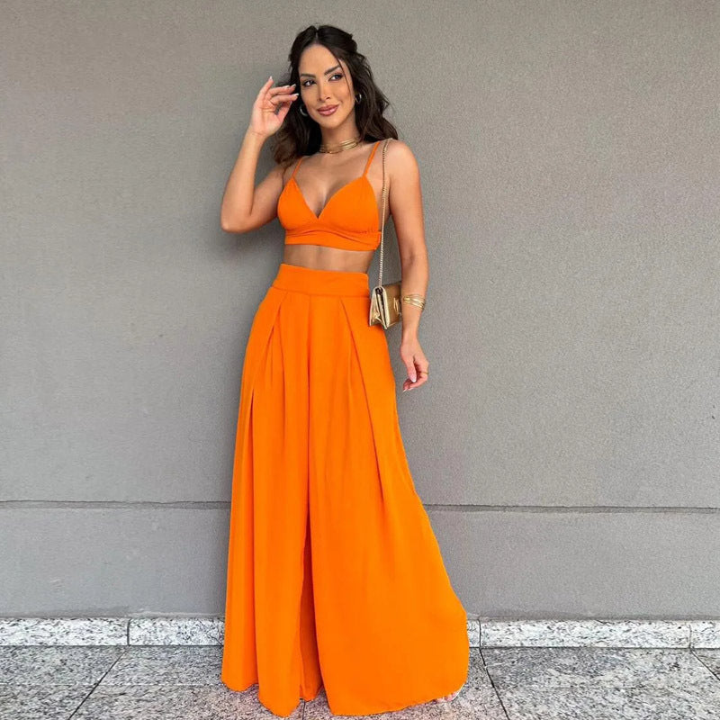 New Hottie Outfit Sexy Suspenders Sleeveless Wide-Leg Pants Two-Piece