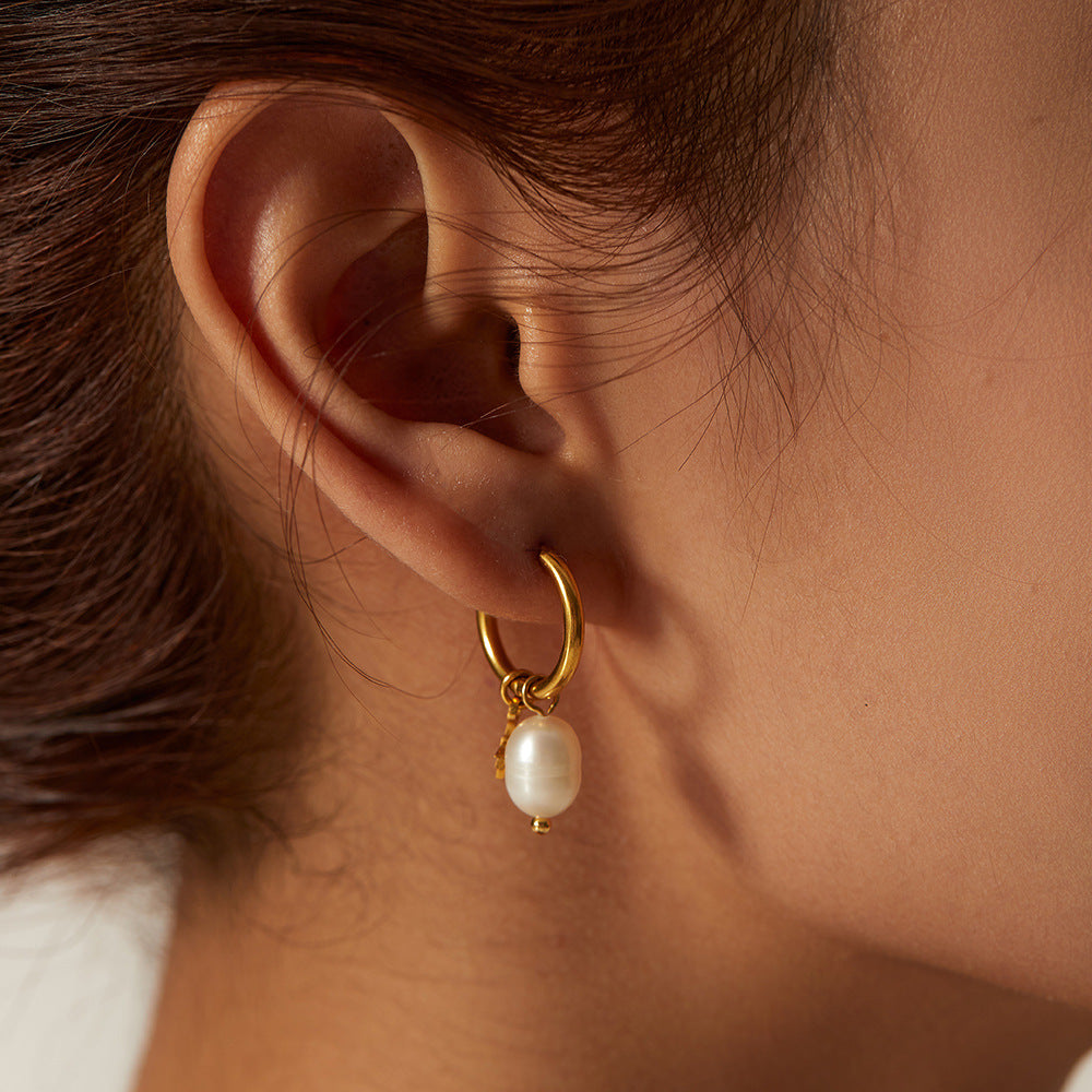 5pcs 18K Natural Light Pearl Star Pendant Earrings Women Fashion All-Match Stainless Steel Gold-Plated Hoop Earrings