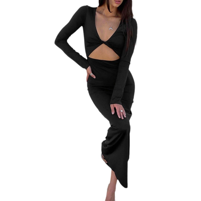 Fashion Sexy Knitted Black V-Neck Hollow Long-Sleeved Dress Long Skirt With Casual Slimming Evening Dress