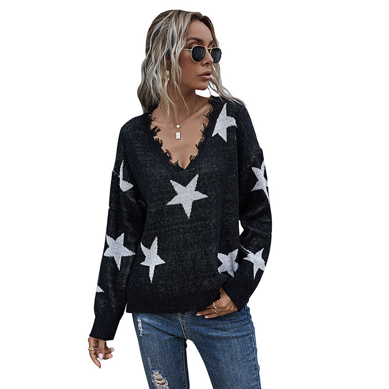 Autumn Long-Sleeved V-Neck Low-Neck Women's Knitted Bottom Sweater Sweater Woman