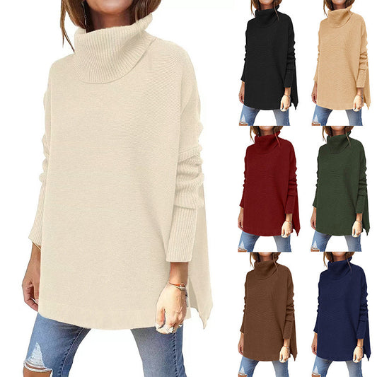 New Women's Turtleneck Oversized Sweater Mid-Length Batwing Sleeve Slit Hem Tunic Jumper