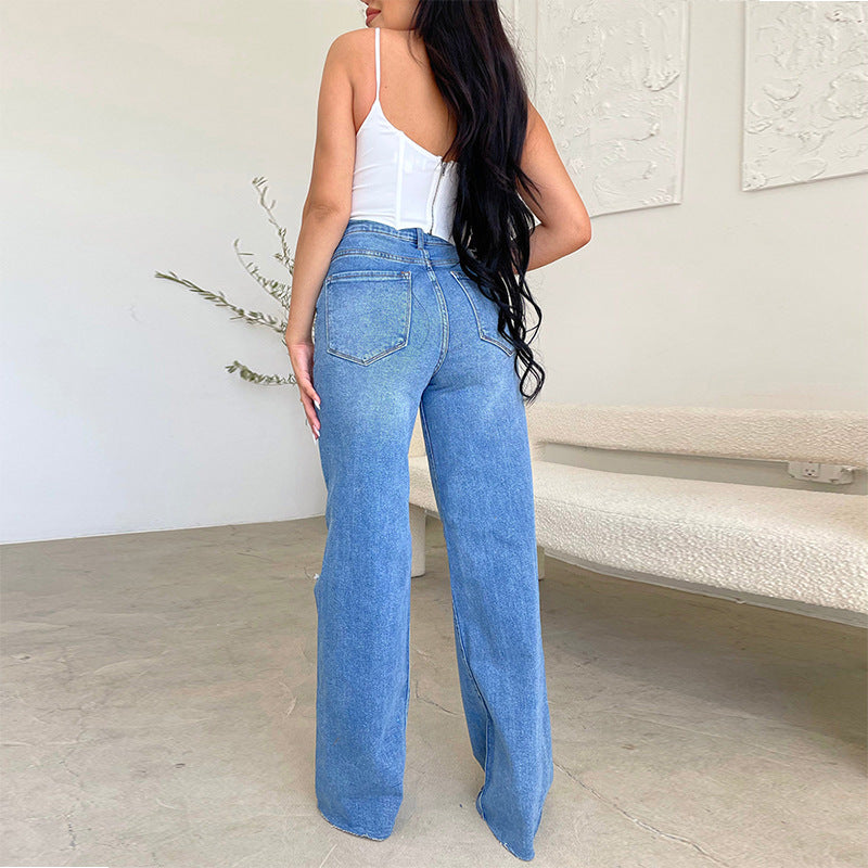 Women's Jeans Long, High-Waisted And Frayed Comfortable Wide-Leg Pants