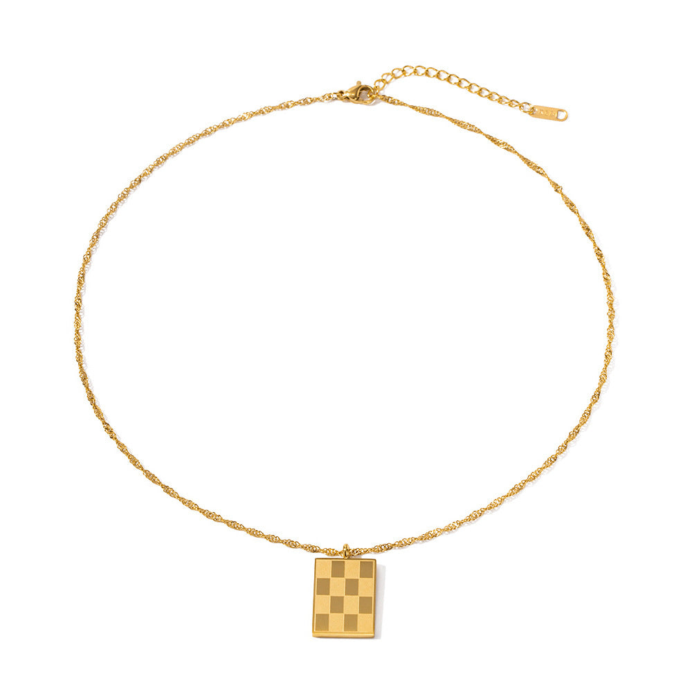 5pcs Vintage Square Checkerboard Pendant Necklace Stainless Steel Gold Plated Chain Simple Personality Style Necklace For Women