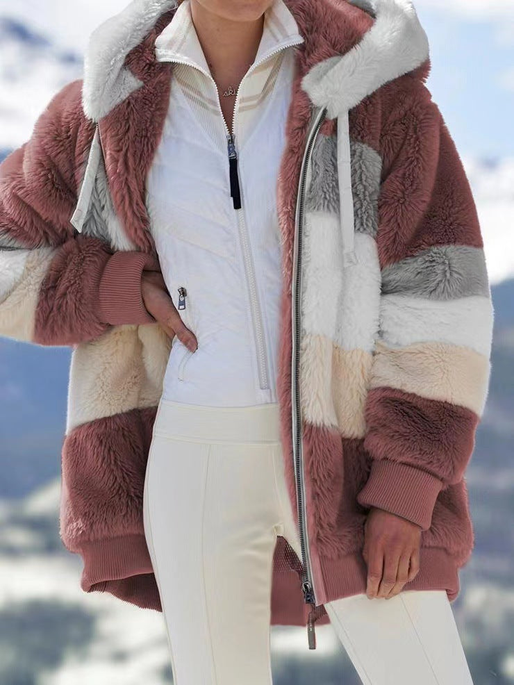 Autumn/Winter Warm Plush Patchwork Zipper Pocket Hooded Loose Coat For Women