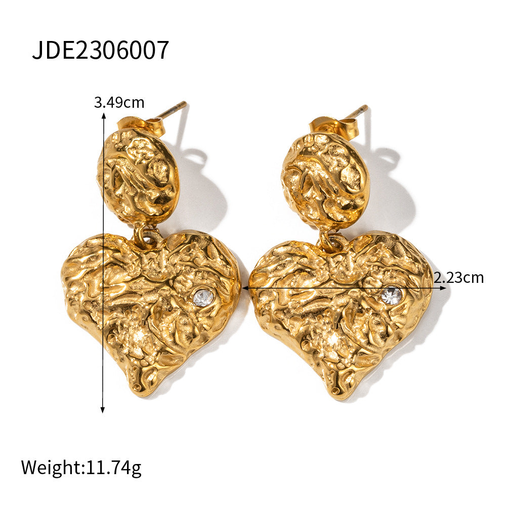 5pcs Earrings 18K Gold Stainless Steel Zircon Lava Forged Heart Shaped Pendant Earrings