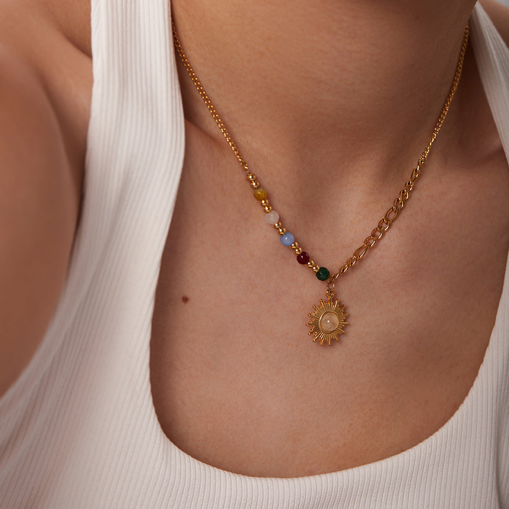 5pcs New Titanium Steel Pendant Necklace 18K Gold Natural Stone Cat's Eye Sun Pendant Colored Stone Necklace