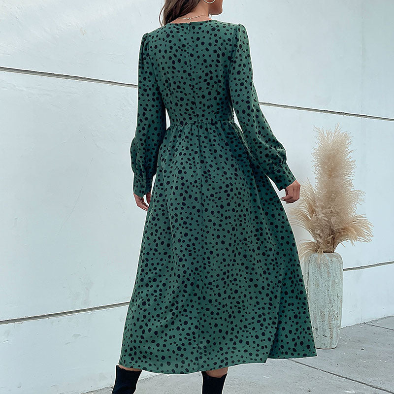 Fashion Women's New Green Long-Sleeved Leopard Print Long Dress