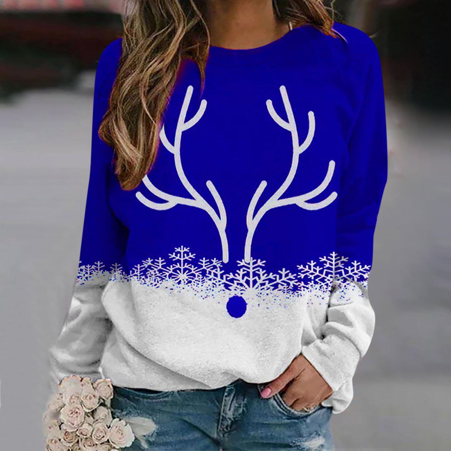 Autumn Winter Snow Christmas Deer Printed Round Neck Street Hipster Pullover Hoodie