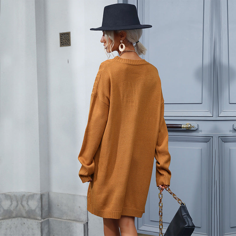 Knit Solid Color Long Sleeve Sweater Dress with Round Neck and Hemp Pattern