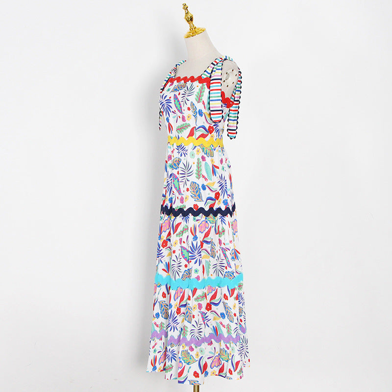 Spring New Fashion Temperament Printed Halter High Waist Slimming Big Swing Long Sexy Dress Female