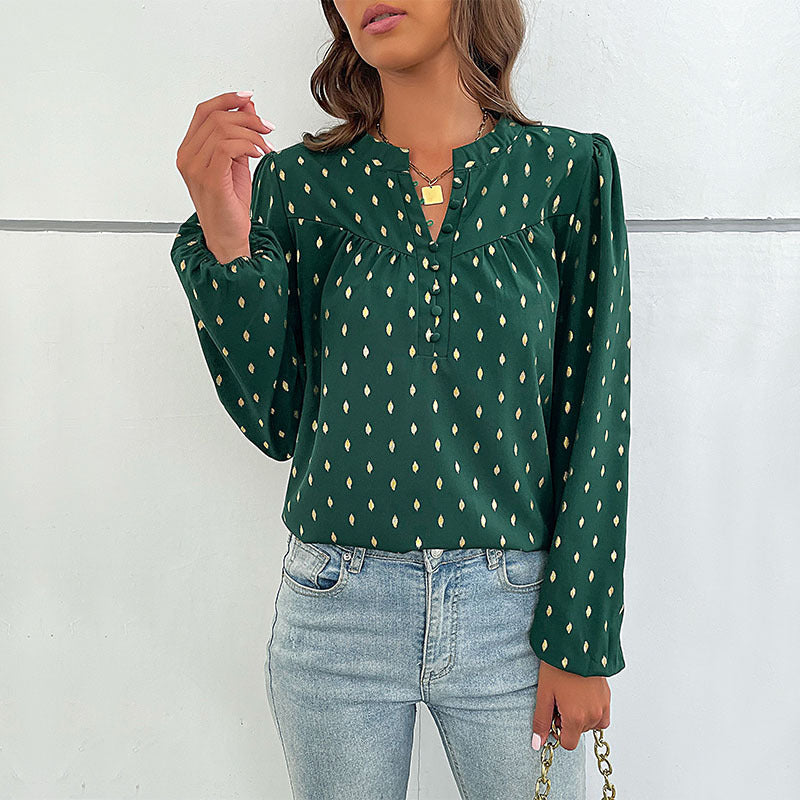 New Autumn And Winter New Women's Long Sleeve V Open Collar Hot Gold Shirt