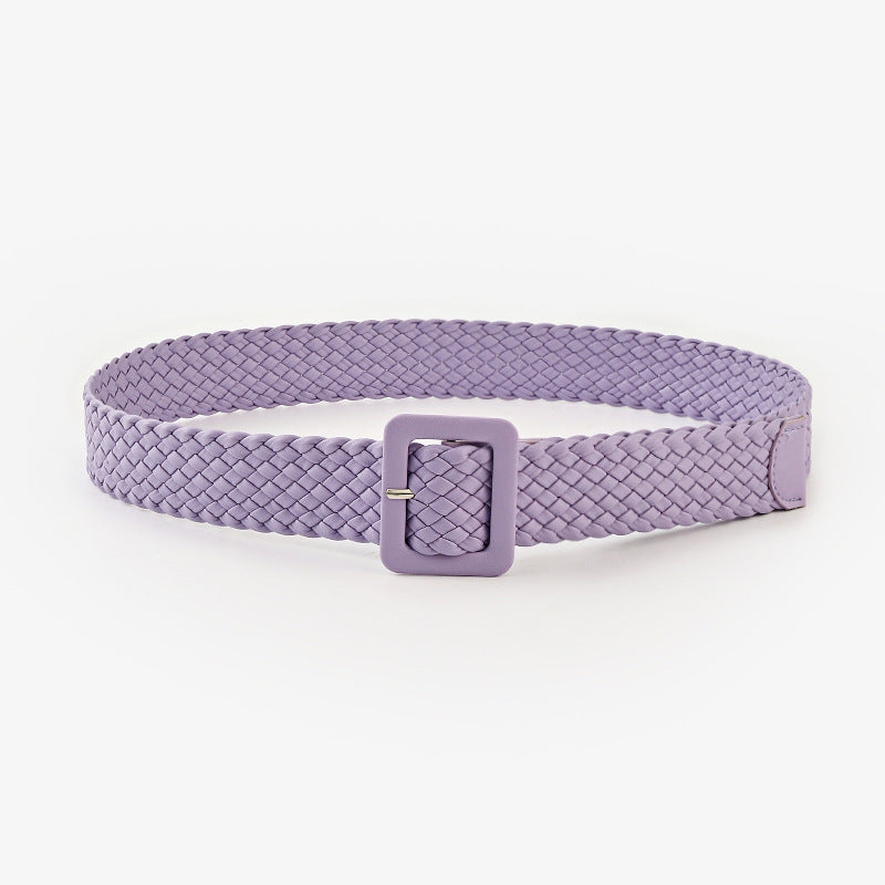 Pastoral Style Woven Wide Belt Fashion Candy Color Bag Buckle Decorated Dress Jeans Belt Women