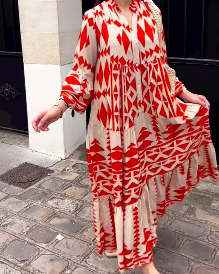 Large Size Women's Dress Autumn New Pullover Printed Bohemian Dress Women