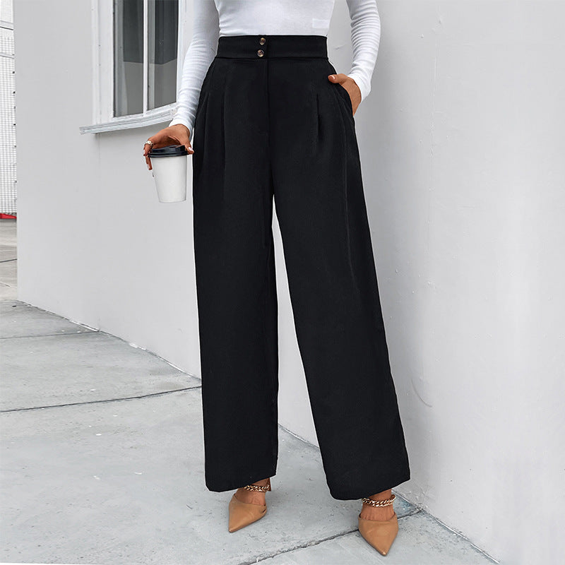 Casual High-Waisted Commuter Style Casual Pants Spring And Autumn New Loose Black Wide-Leg Pants