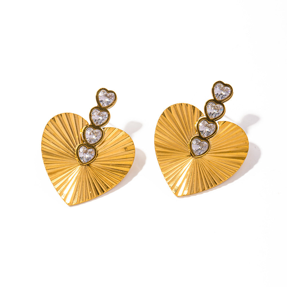 5pcs Small 18K Gold Stainless Steel Zircon Inlaid White Zircon Love Shaped Earrings Earrings Ring Women's Jewelry