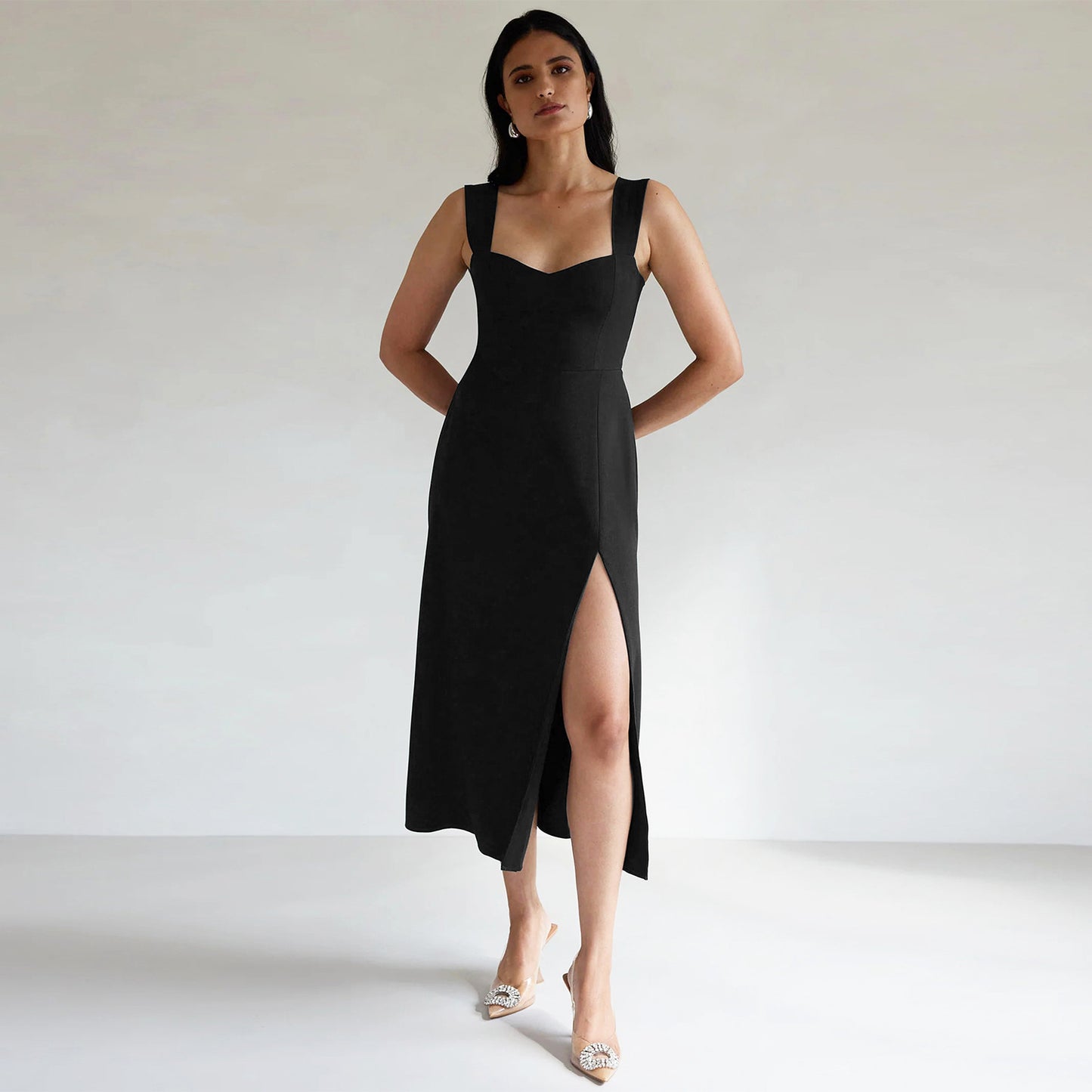 Y2K Light Luxury Women's Plain High Waist Split Shoulder Skirt Waist A-Line Long Skirt Dress