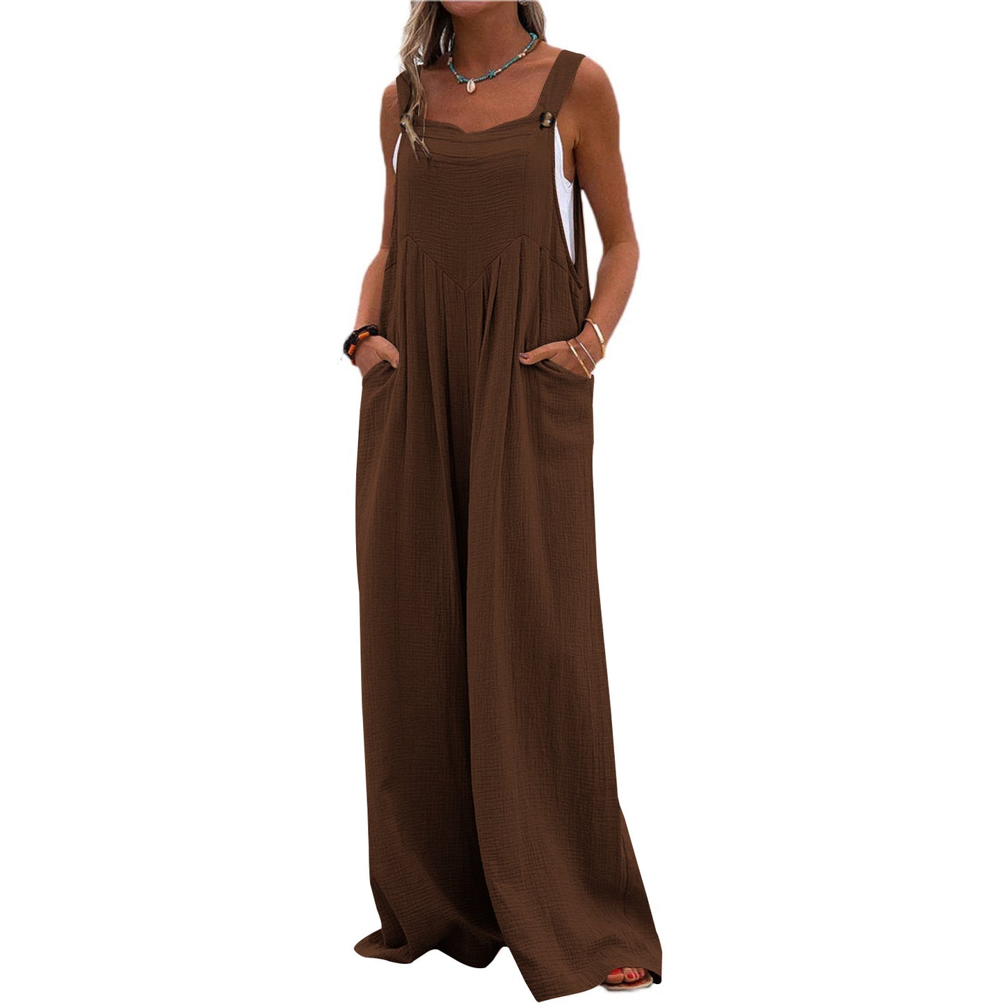 Casual Summer Romper With Loose Straps Pocket Cotton Hemp Breathable Wide Leg Pants Home Commuter Pants