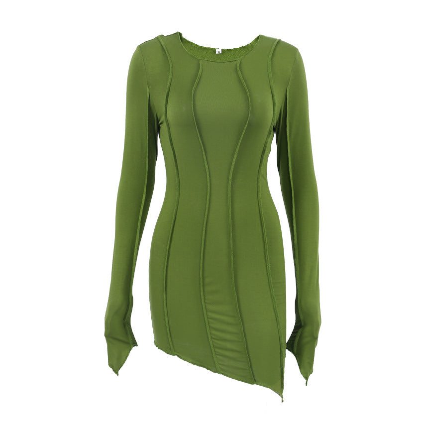 Spring And Autumn New Niche Design Sense Dress Fashion Irregular Round Neck Sexy Skirt Tight Bag Hip Skirt