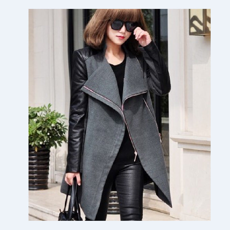 Extraordinary Medium Length Plus Size Coat Spliced Leather Sleeve Wool Coat Trench Coat