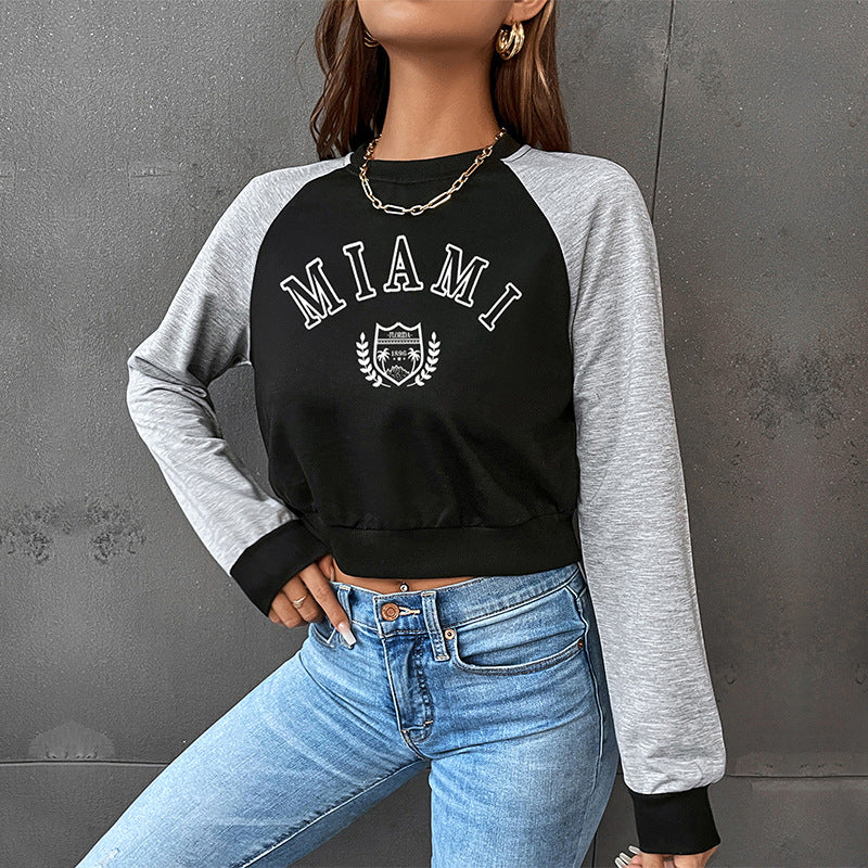 New Spring Leisure Sports College Style Color Short Crop Round Neck Letter Pullover Hoodie Woman