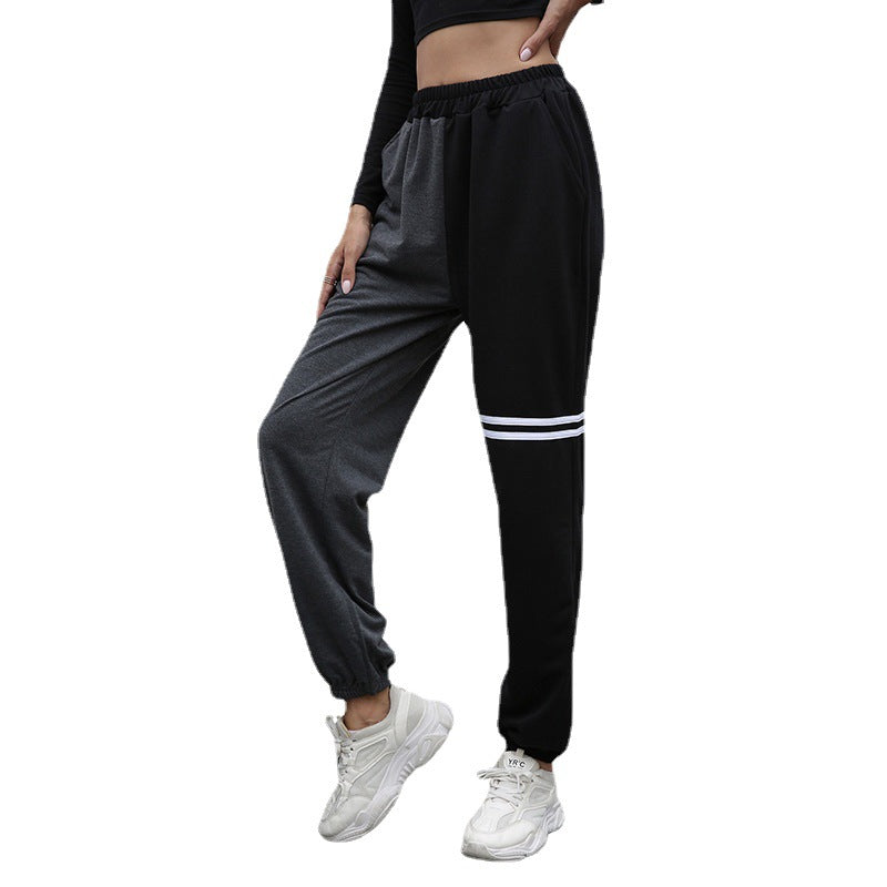 Black Pants Patchwork Color Raise Hip High Waist Straight Leg Sports Pants