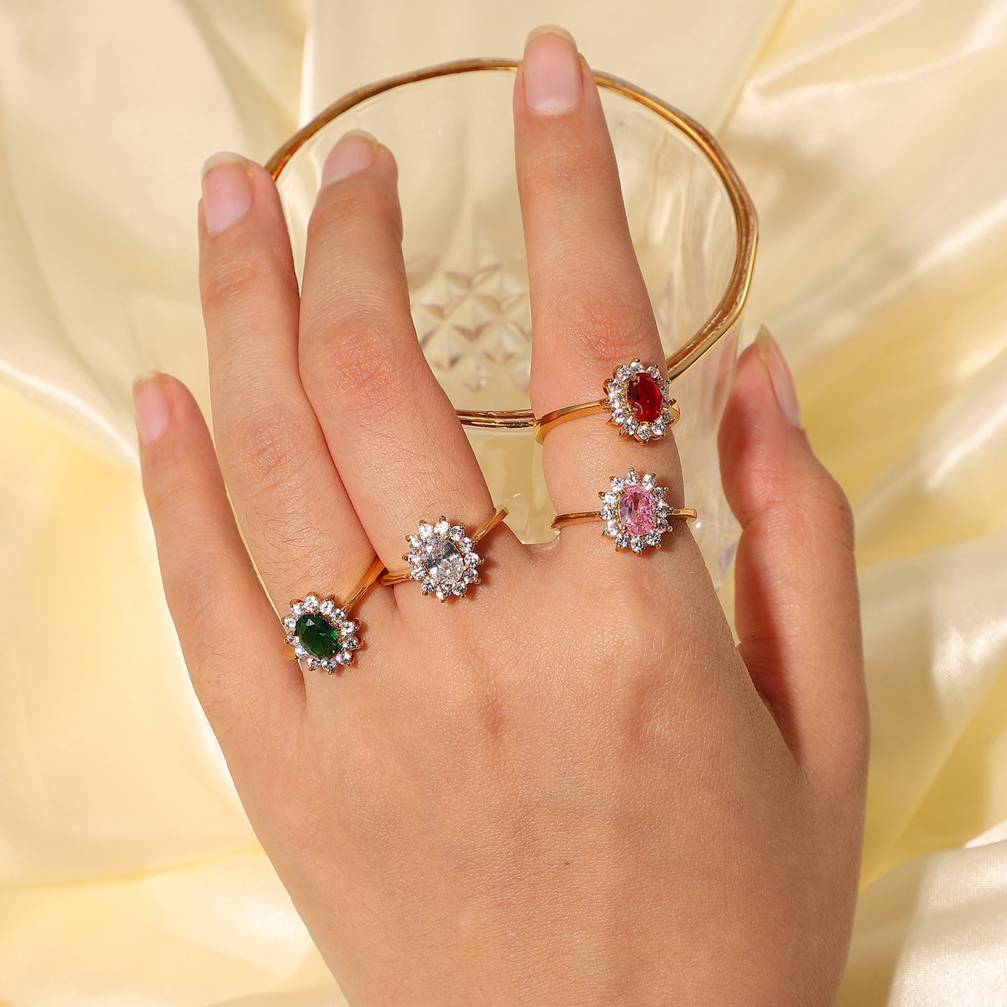 5pcs 18K Gold Plated Double Rough Zircon Ring Stainless Steel Bound Oval Colored Zircon Ring Jewelry Female