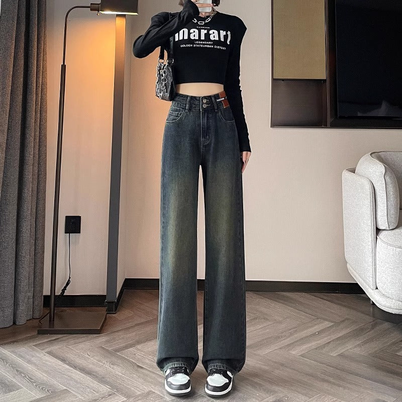 Gray Narrow Version Of Wide Leg Jeans Women's New Autumn High Waist Hanging Loose Straight Leg Pants