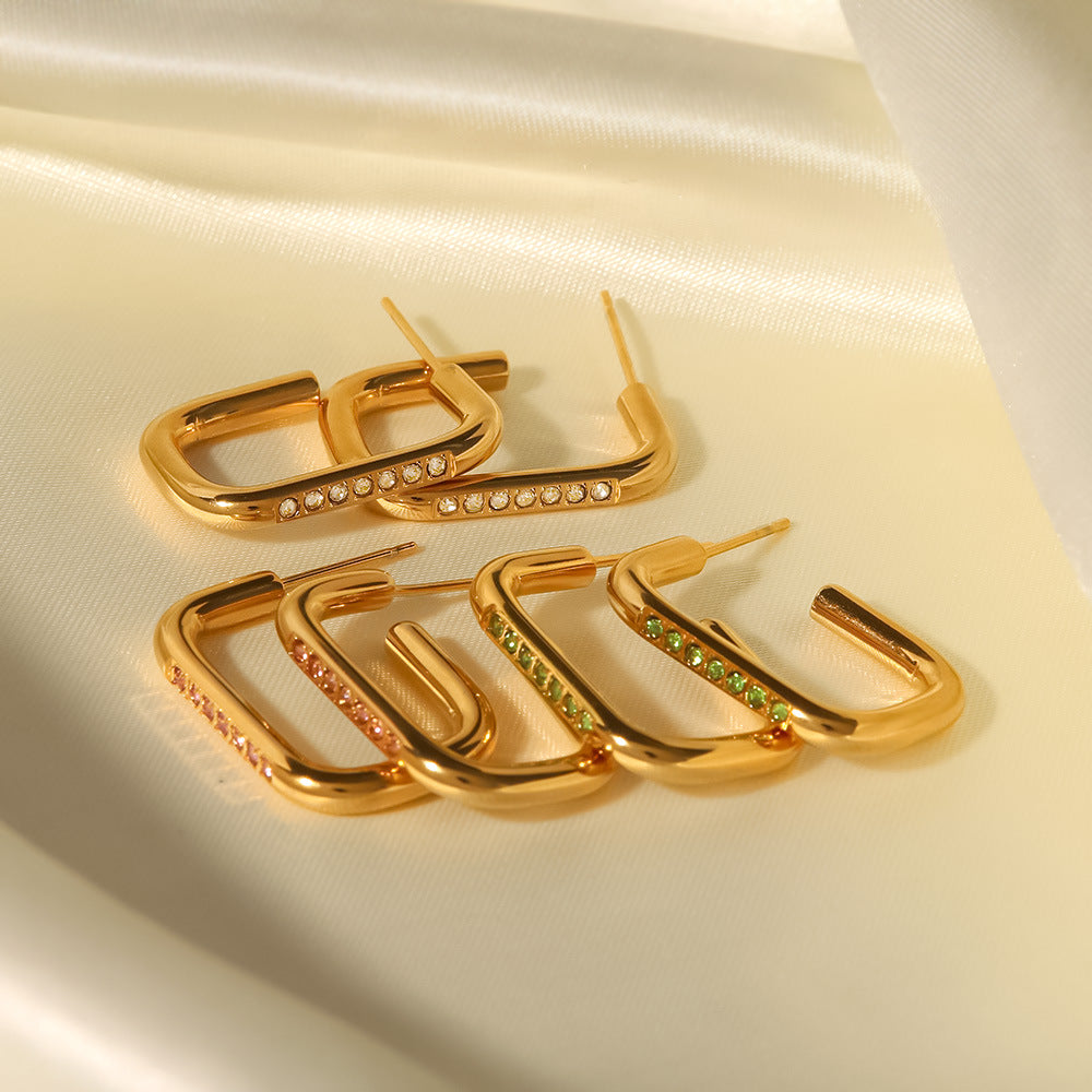 5pcs 18K Gold-Plated Stainless Steel Ring Earrings White // Light Green Inlaid Zircon Titanium Steel Earrings Female