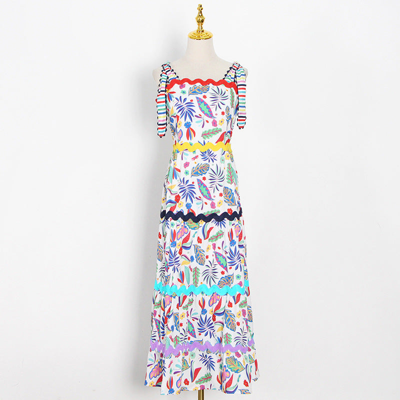 Spring New Fashion Temperament Printed Halter High Waist Slimming Big Swing Long Sexy Dress Female