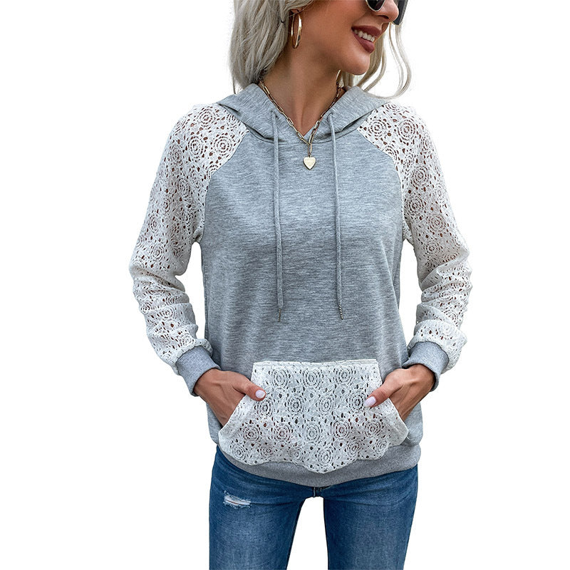 New Early Autumn Women's Pullover Hooded Lace Stitching Hoodie Thin