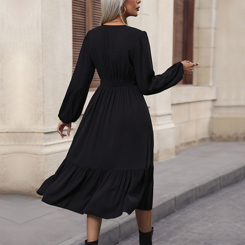 New Women's Solid Color V-Neck Dress Autumn Women's Senior Sense