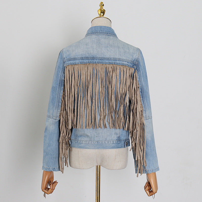 Autumn Fringe Jacket Top Fashion Long Sleeve Slim Punk Denim Coat Women