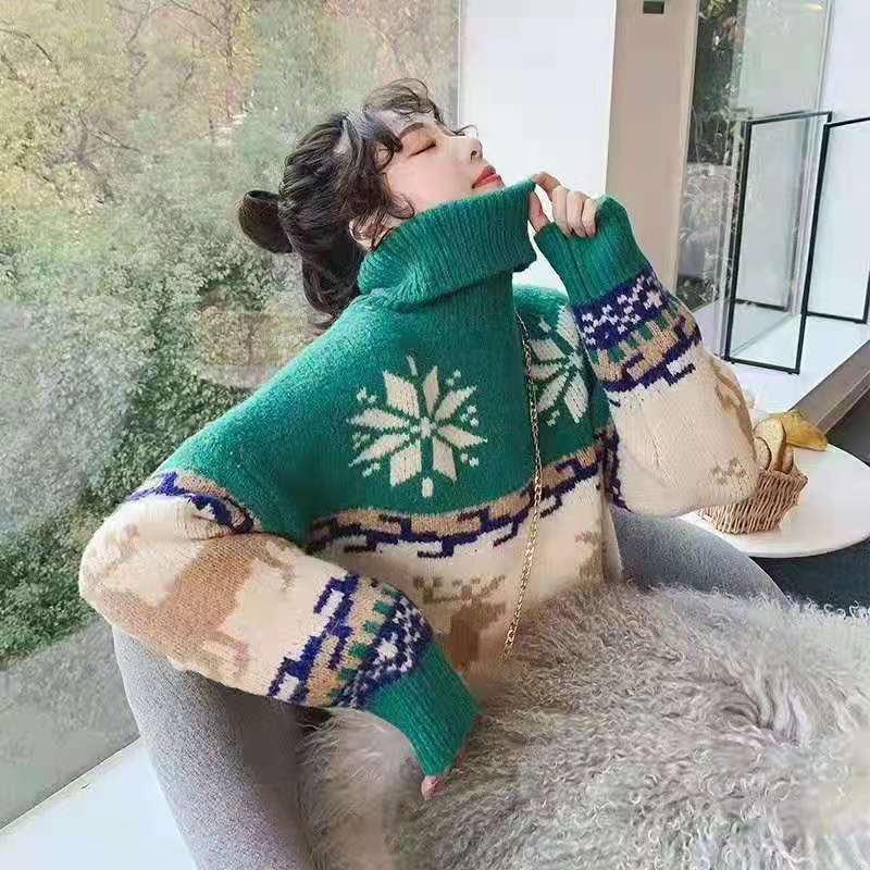 Autumn-Winter Fashion Women's Christmas Style Turtleneck Long-Sleeved Regular Knit Sweater