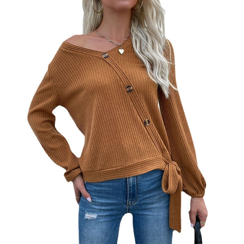 New Autumn Women's Clothing Solid Color Button Decoration Pit Strip Bottom Knitwear