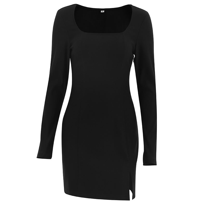 Black Dress Niche Square Collar Slit Sheath Skirt Women's New Spring Dress