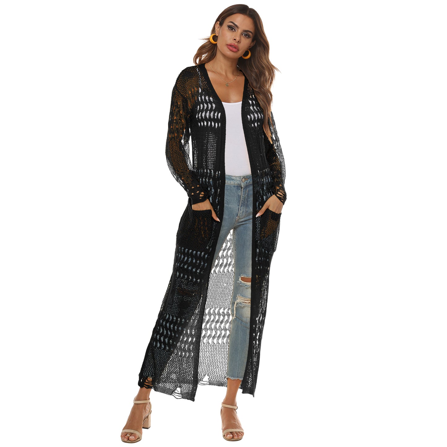 Women's Knitted Sweater Large Pocket Long Cardigan Casual Coat Multi-Color
