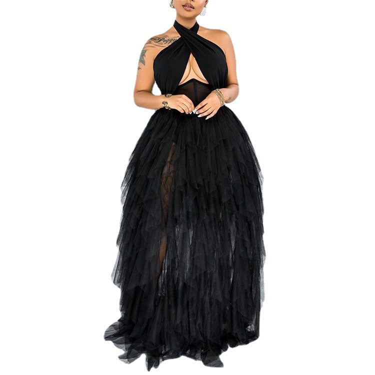 Supply Large Size Women's Dress Evening Gown Wedding Pink Neckline Dress Large Swing Gauze Skirt