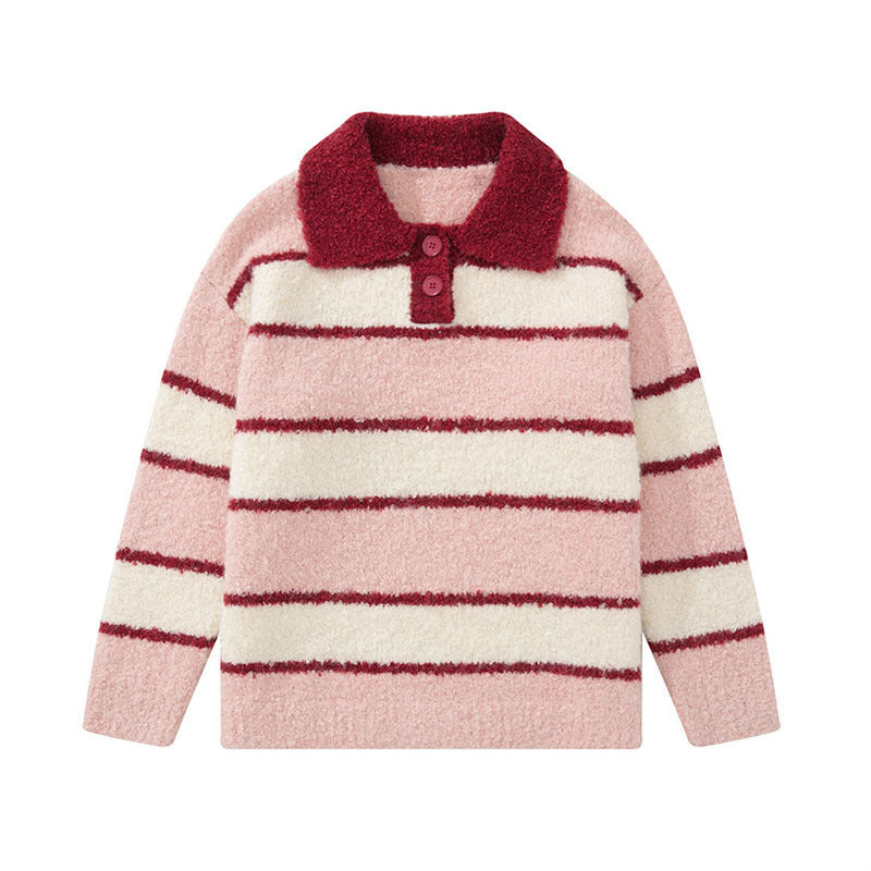 Japanese Sweet Soft Waxy Striped Polo Collar Sweater Coat Women's New Autumn And Winter Loose And Lazy Style Sweater Top